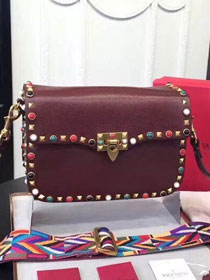 Valentino original grained calfskin multi-rockstud shoulder bag 0125 burgundy