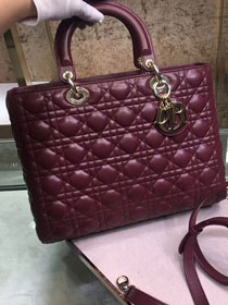 Dior original lambskin large Lady dior bag black M0566 bordeaux