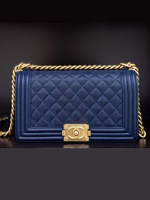 CC original customized grained calfskin boy handbag A67086 navy blue(bright gold)