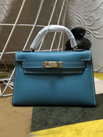 Hermes original epsom leather mini kelly 19 bag K0019 blue jean