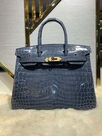 Top hermes genuine 100% crocodile leather handmade birkin 35 bag K350 light blue