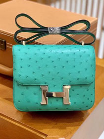 Top hermes genuine 100% ostrich leather handmade constance bag C0023 lake green