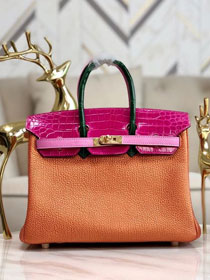 Hermes handmade original crocodile leather&calfskin birkin bag BK0035 orange&pink