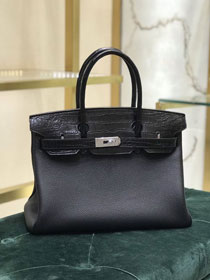 Hermes handmade original crocodile leather&calfskin birkin bag BK0035 black