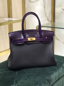 Hermes handmade original crocodile leather&calfskin birkin bag BK0035 black&purple