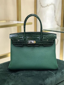 Hermes handmade original crocodile leather&calfskin birkin bag BK0035 green