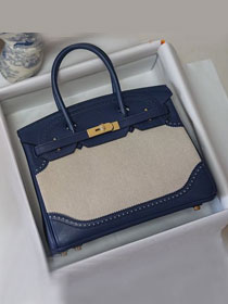 Hermes handmade original calfskin&canvas birkin bag BK00037 navy blue