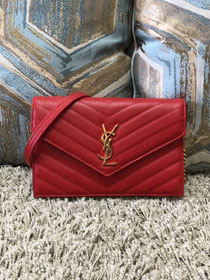 YSL original grained calfskin envelope small wallet on chain 393953 red