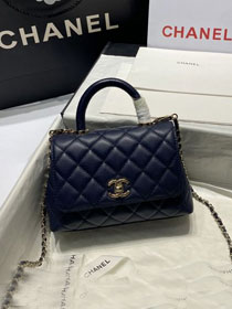 New CC original grained calfskin coco top handle mini flap bag AS2215 navy blue