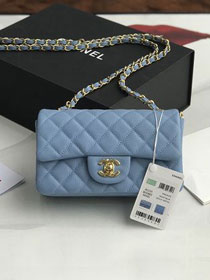 CC original grained calfskin mini flap bag A69900 light blue