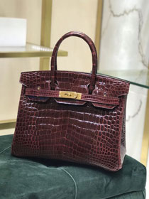 Top Hermes handmade genuine 100% crocodile leather birkin 35 bag K350 bordeaux 