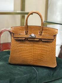 Top Hermes handmade genuine 100% crocodile leather birkin 35 bag K350 gold brown