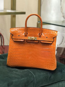 Top Hermes handmade genuine 100% crocodile leather birkin 35 bag K350 orange