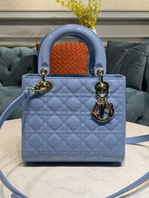 Dior original patent calfskin medium lady dior bag M0565-2 blue