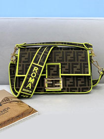 Fendi original canvas medium baguette bag 8BR600 brown&lemon yellow