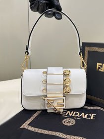 Fendi original calfskin mini brooch baguette bag 8BS066 white