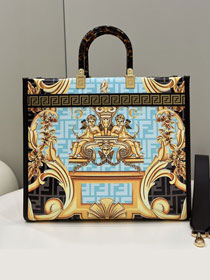 Fendi original printed calfskin medium sunshine shopper bag 8BH386 black&blue