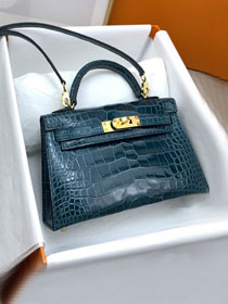 Hermes genuine crocodile leather mini kelly bag K0019 vert bosphore