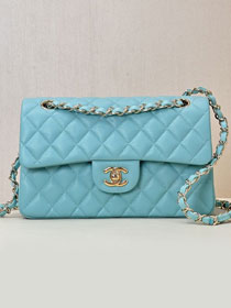 CC original grained calfskin small flap bag A01113 lake blue