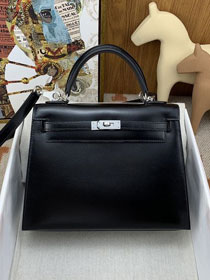 Hermes original box leather kelly 32 bag K32 black