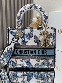 Dior original cotton medium lady bag M0565 white&blue