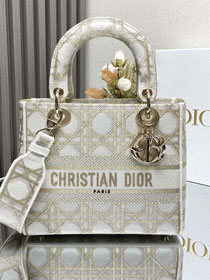 Dior original cotton medium lady bag M0565 white&gold