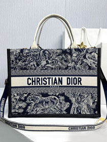 Dior original cotton&calfskin medium book tote bag M1324 black&blue