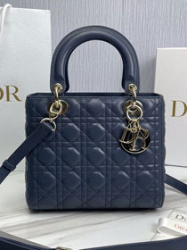 Dior original lambskin medium lady dior bag M0565 dark blue