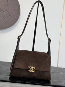 CC suede calfskin small flap bag AS6489 dark brown